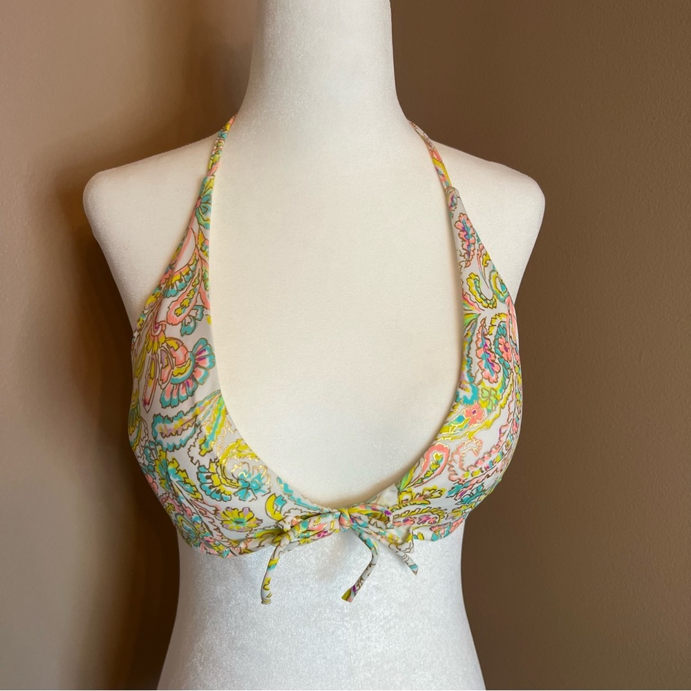 VICTORIA'S SECRET Triangle String Bikini Top Paisley Floral Neon Medium EUC